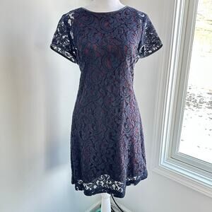 Club Monaco Navy Blue Lace Leather Trim Knee Length Layered Dress Size 6